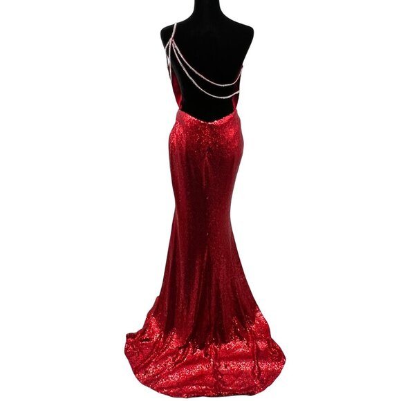 Alyce Paris One Shoulder Sequin Gown Open Back Red Size 12 New - Picture 8 of 13